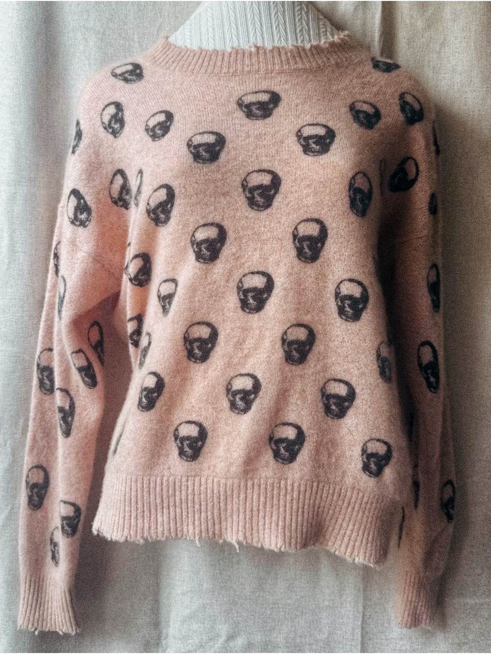 Catherine Malandrino Blush Pink Crewneck Sweater with Black Skull Pattern